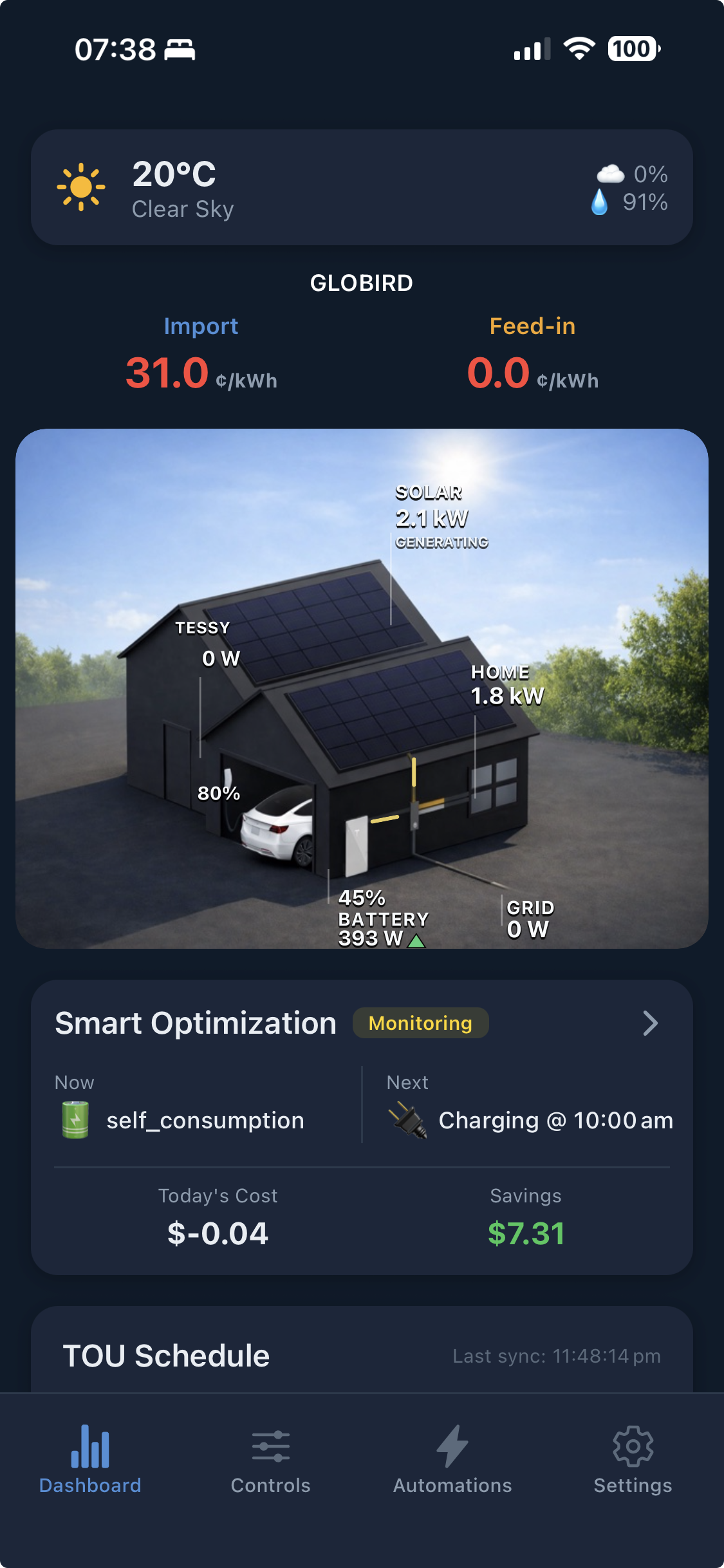 PowerSync mobile app — live energy flow dashboard