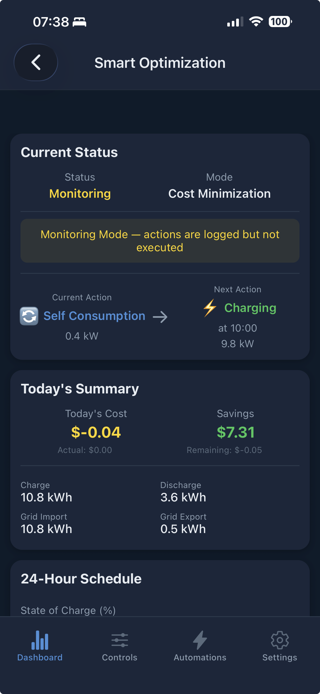 PowerSync app — Smart Optimization summary with current and next action