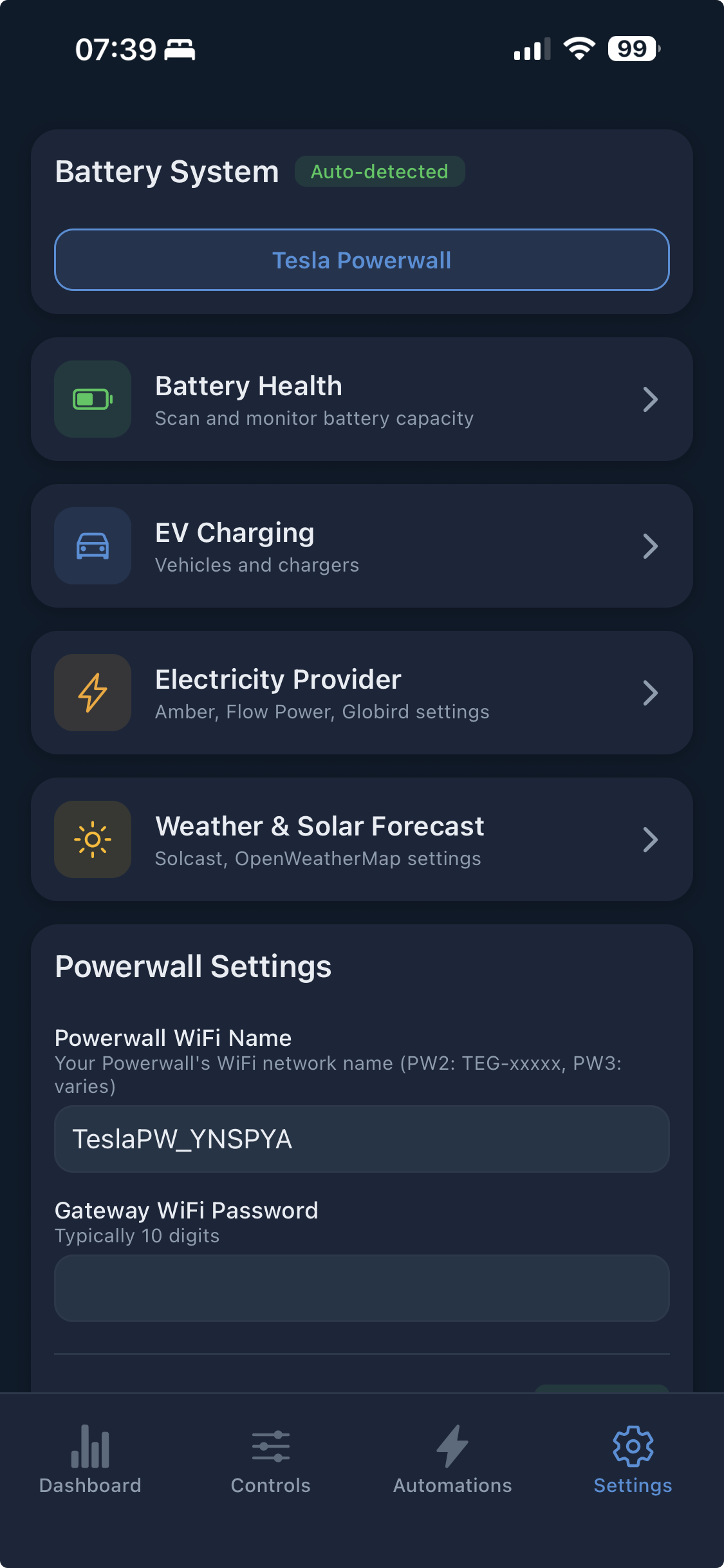 PowerSync app — battery and provider settings