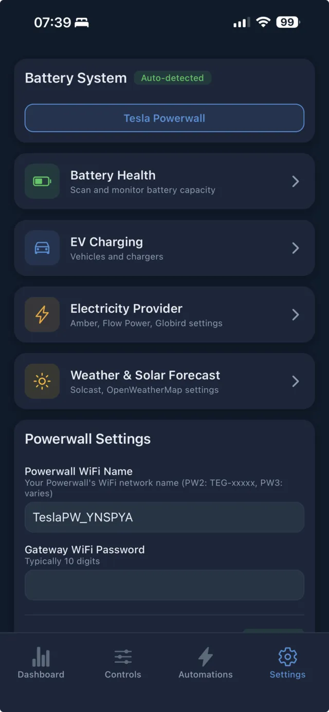 PowerSync app — settings